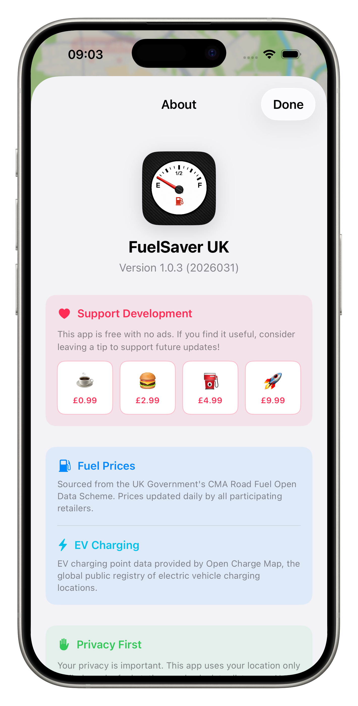 FuelSaver UK About screen showing app icon, version number, tip jar with four price tiers from £0.99 to £9.99, and data source information