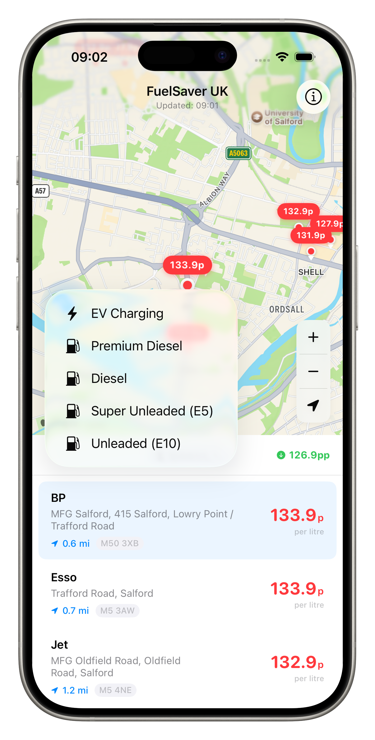 FuelSaver UK fuel type filter dropdown showing Unleaded E10, Super Unleaded E5, Diesel, Premium Diesel, and EV Charging options