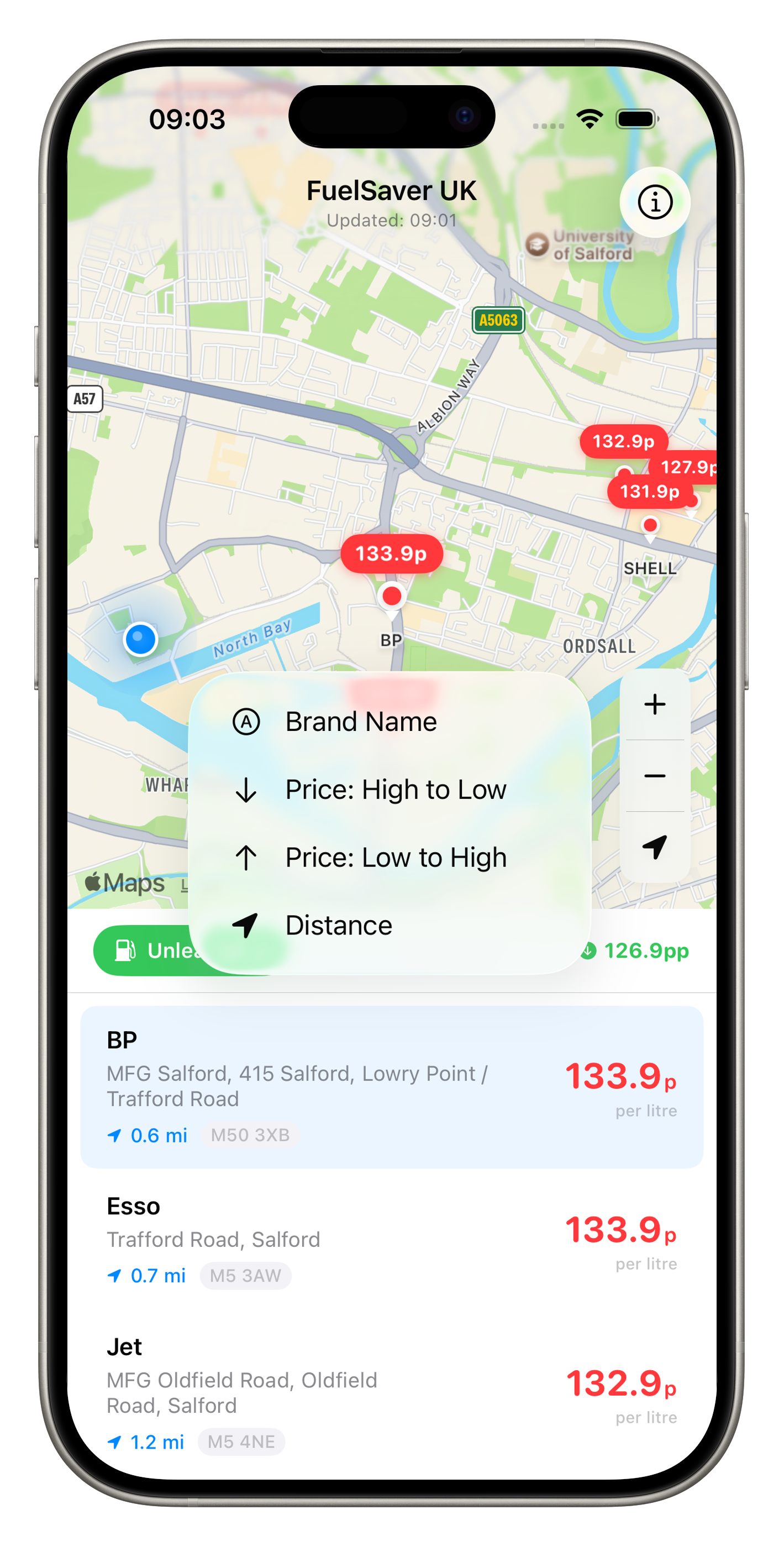 FuelSaver UK sort options dropdown showing Distance, Price Low to High, Price High to Low, and Brand Name options
