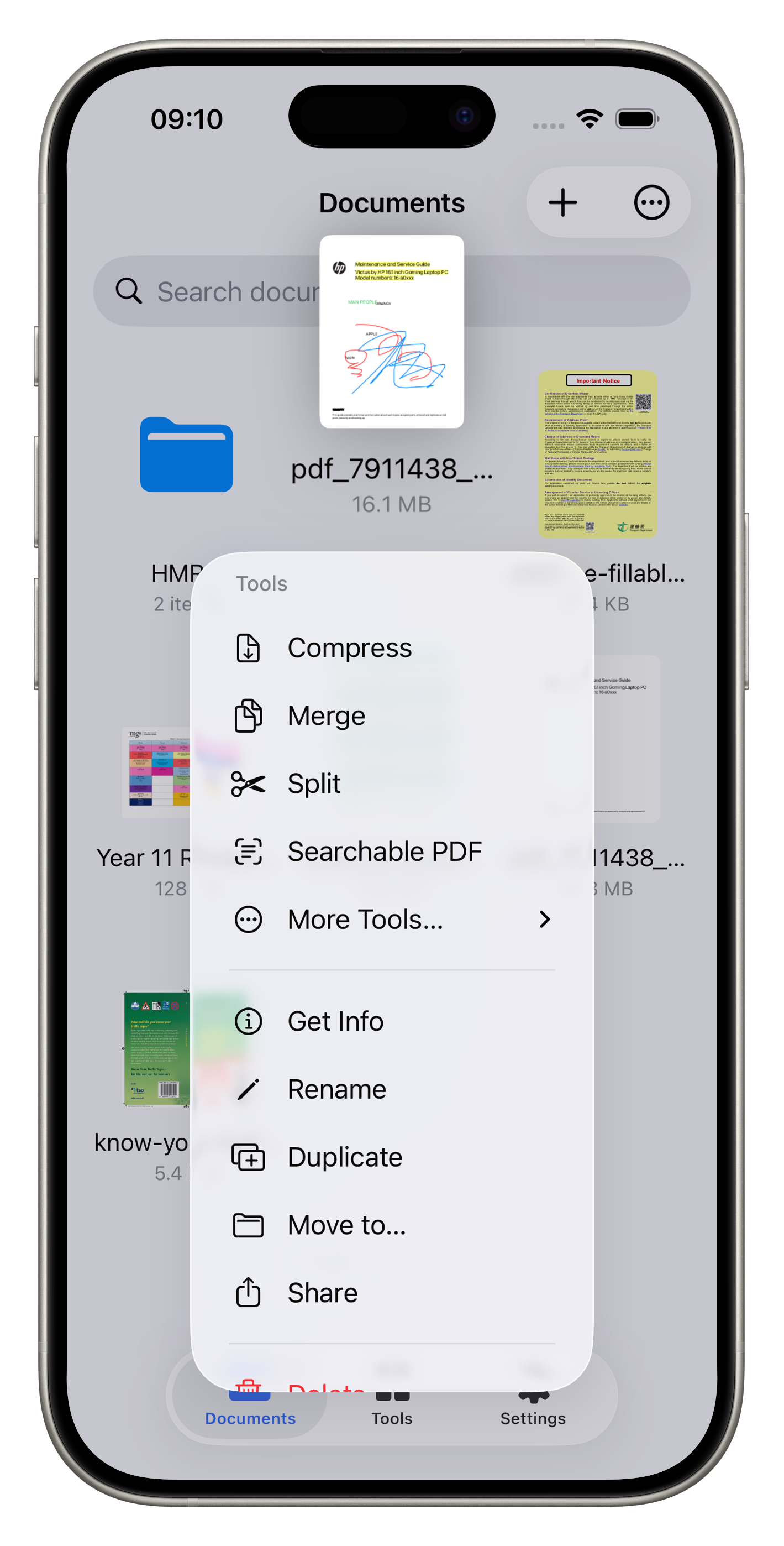 Context menu showing Tools, Get Info, Rename, Duplicate, Move, Share, and Delete options