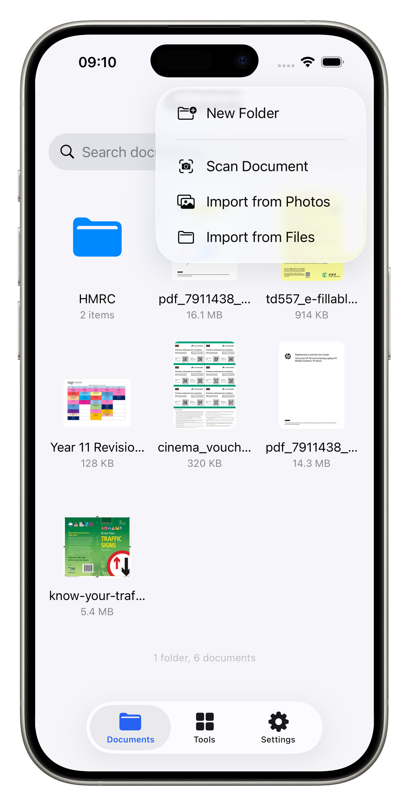 Import menu with options for New Folder, Scan Document, Import from Photos, and Import from Files