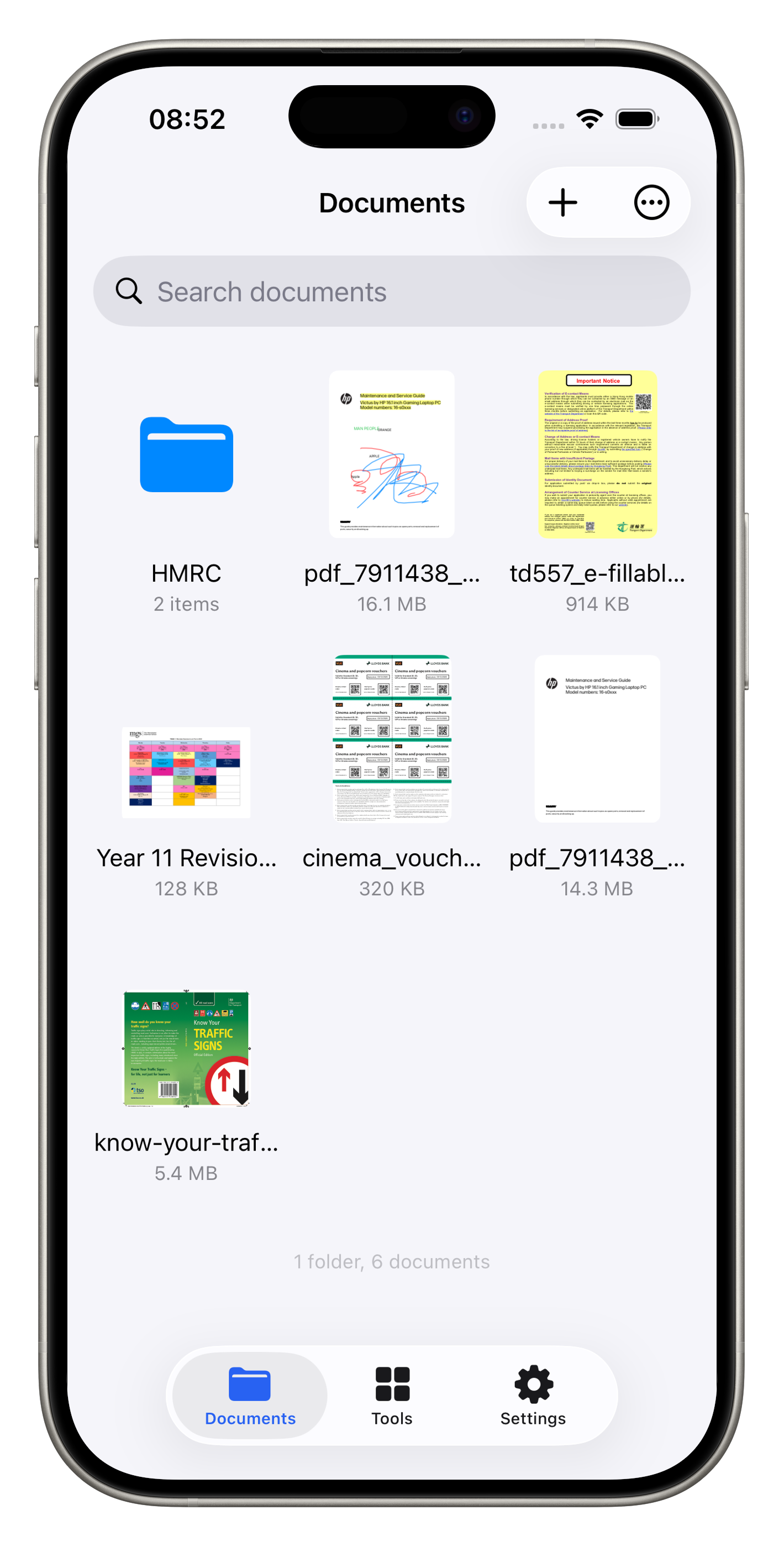 Documents tab showing PDF files and folders