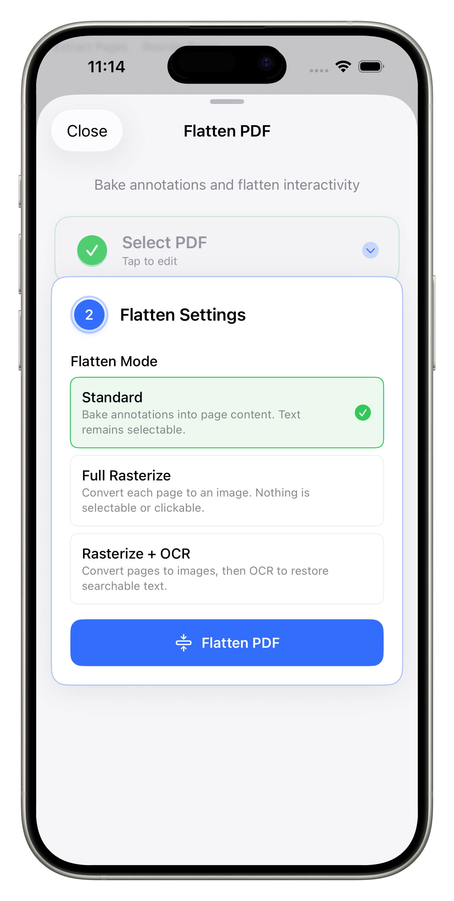 Flatten PDF tool with mode selection