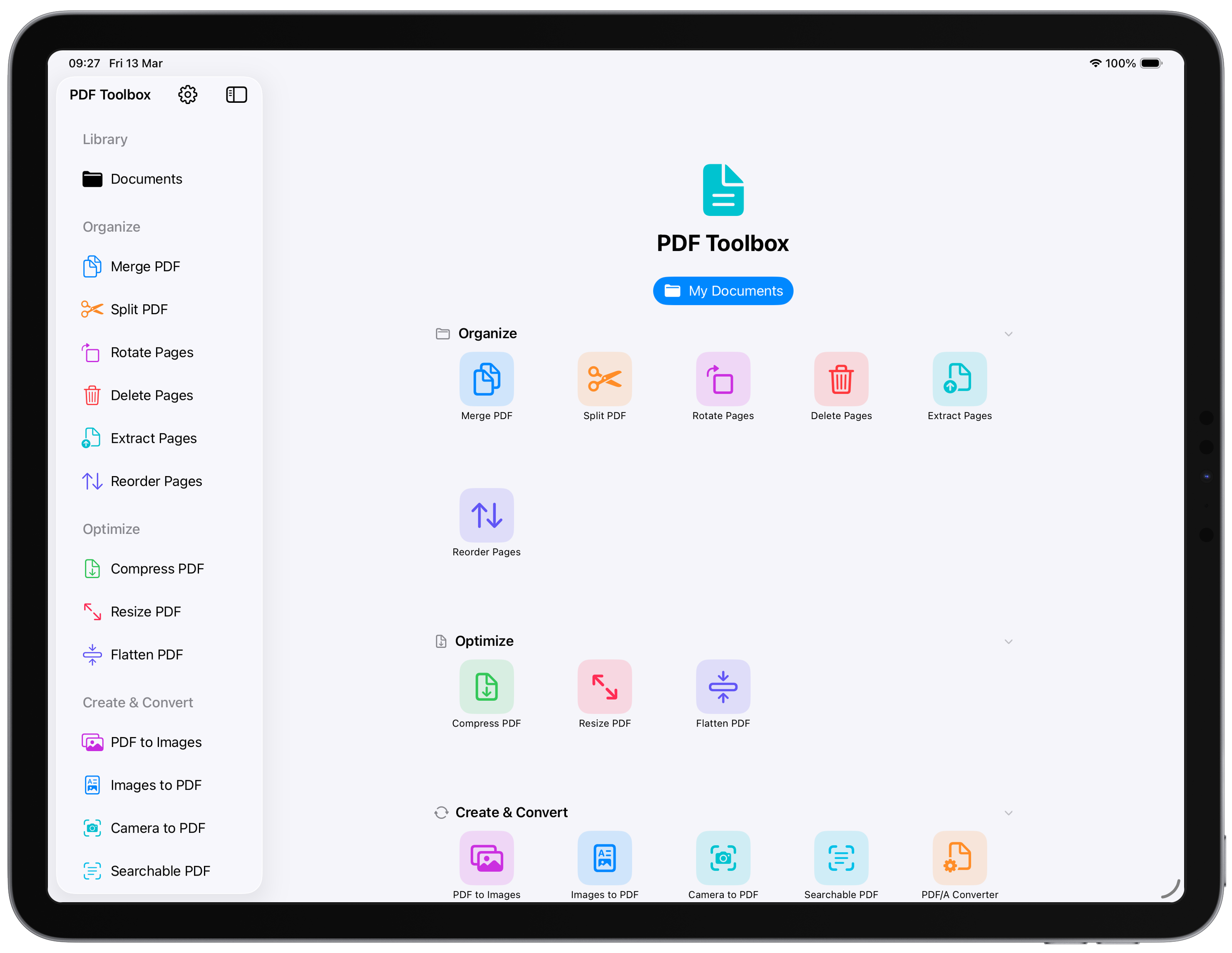 PDF Toolbox on iPad showing sidebar navigation and tool grid in landscape