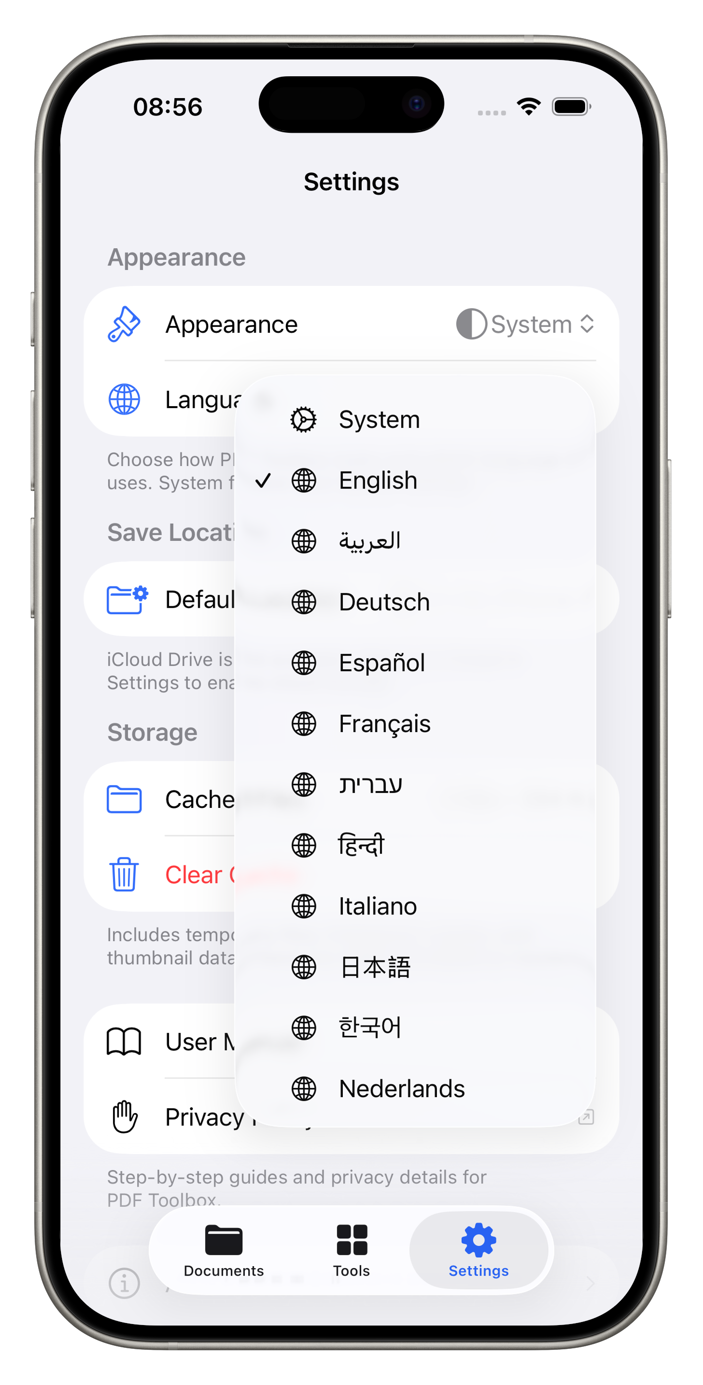 Language picker showing 16 supported languages