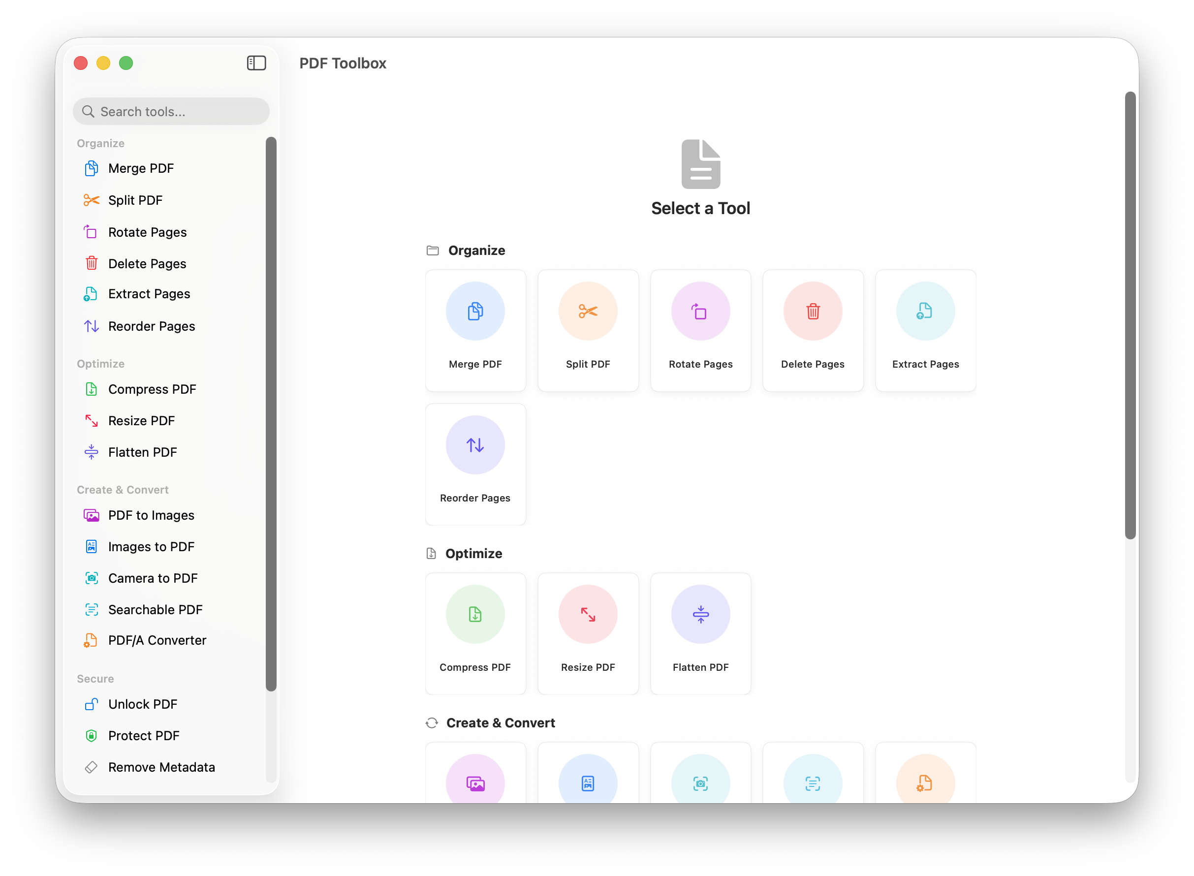 PDF Toolbox on Mac showing sidebar with tool list and grid layout