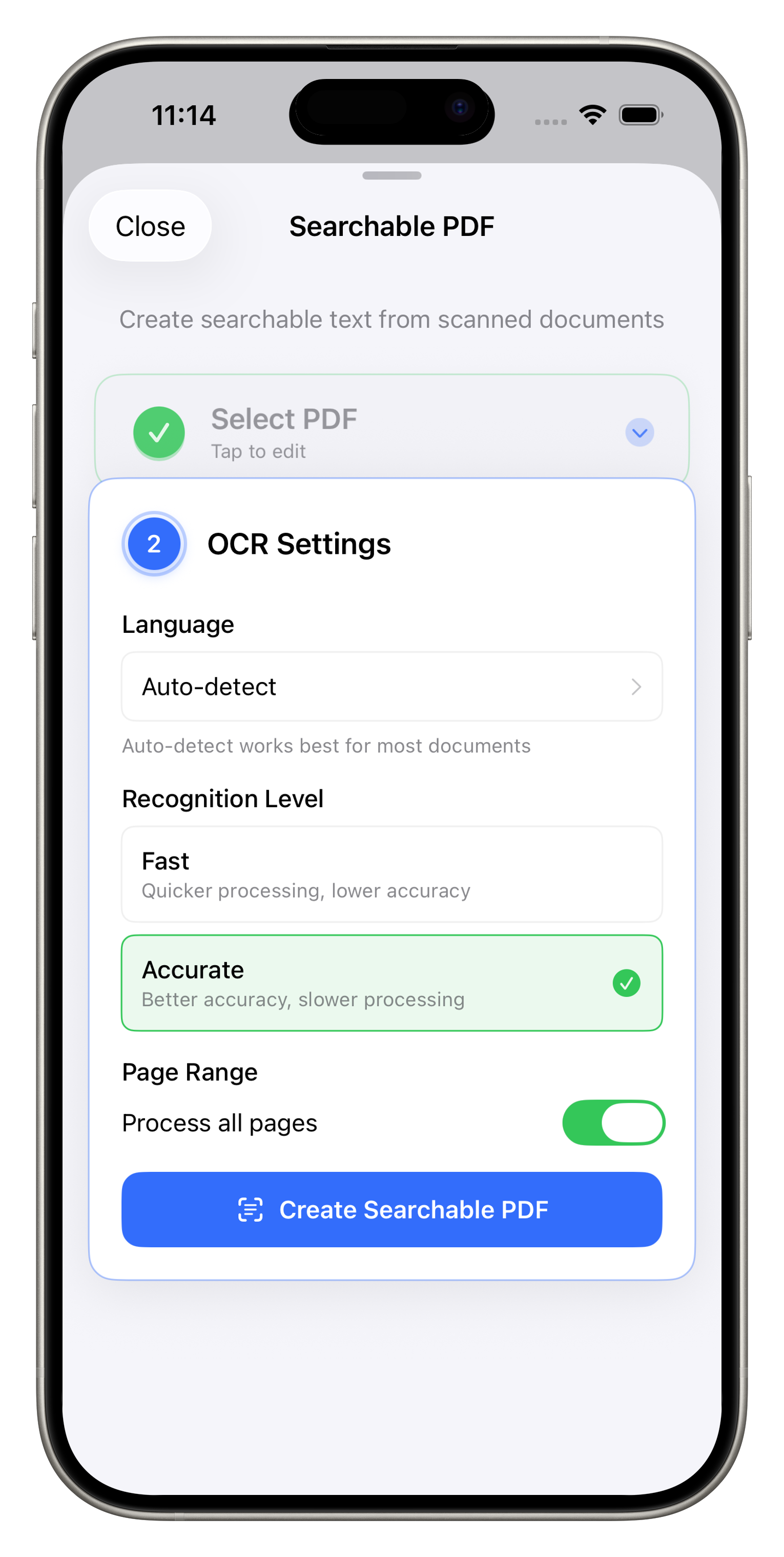 Searchable PDF OCR settings
