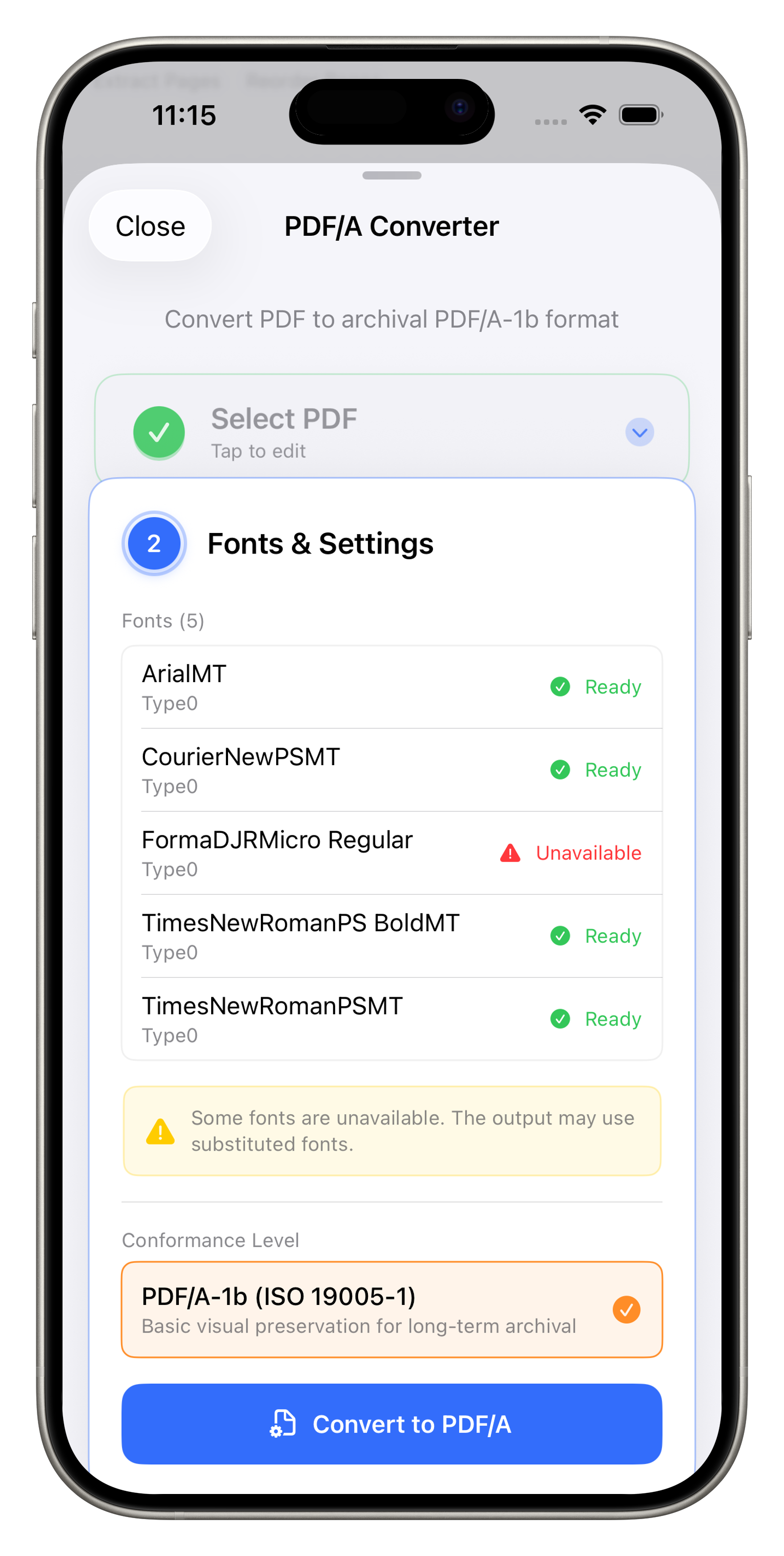 PDF/A Converter with font analysis
