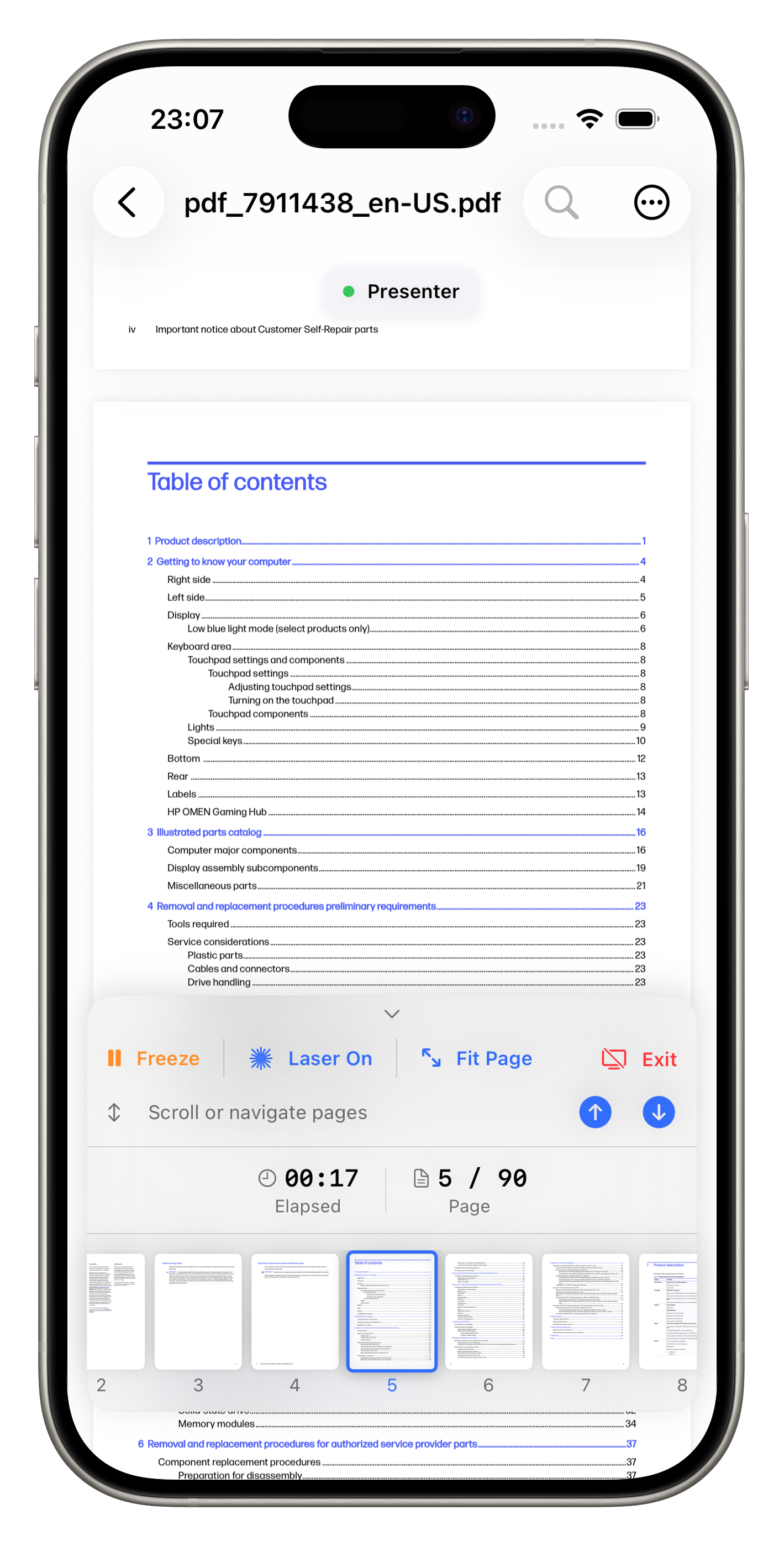 Presenter Mode with expanded dashboard showing controls, page navigation, and thumbnail strip