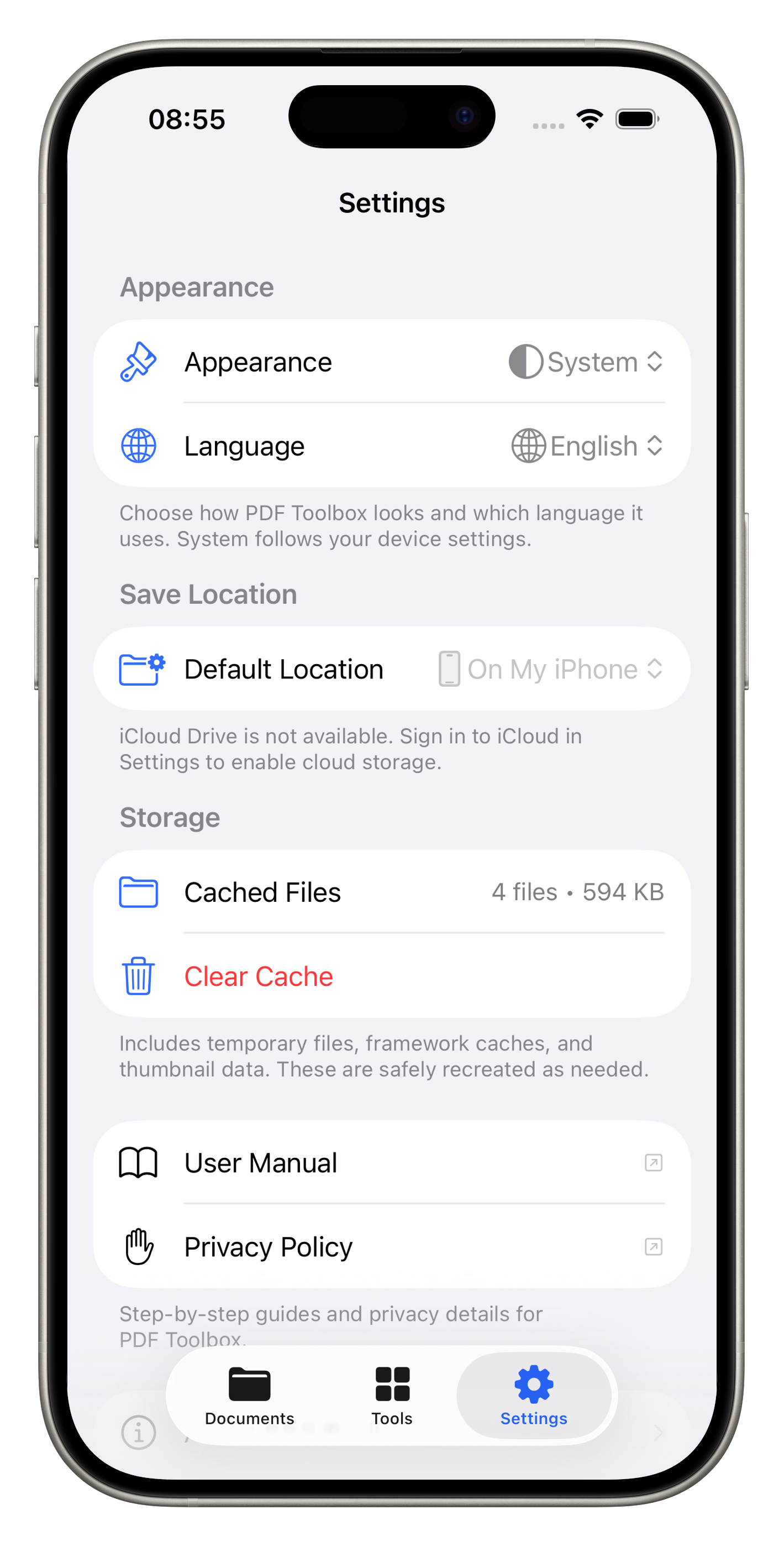 Settings tab with appearance and storage options