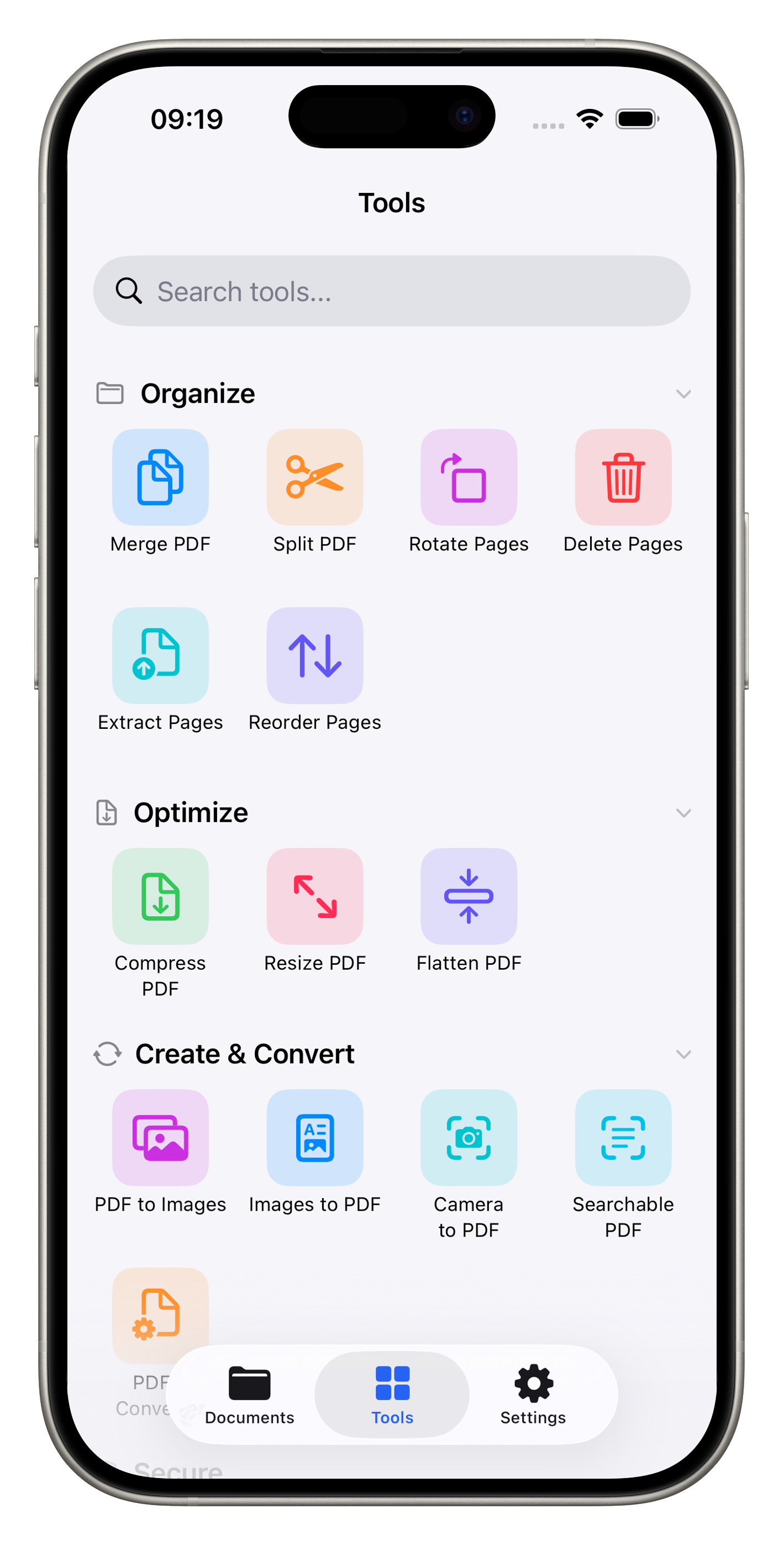 Tools tab showing all PDF tools organized by category