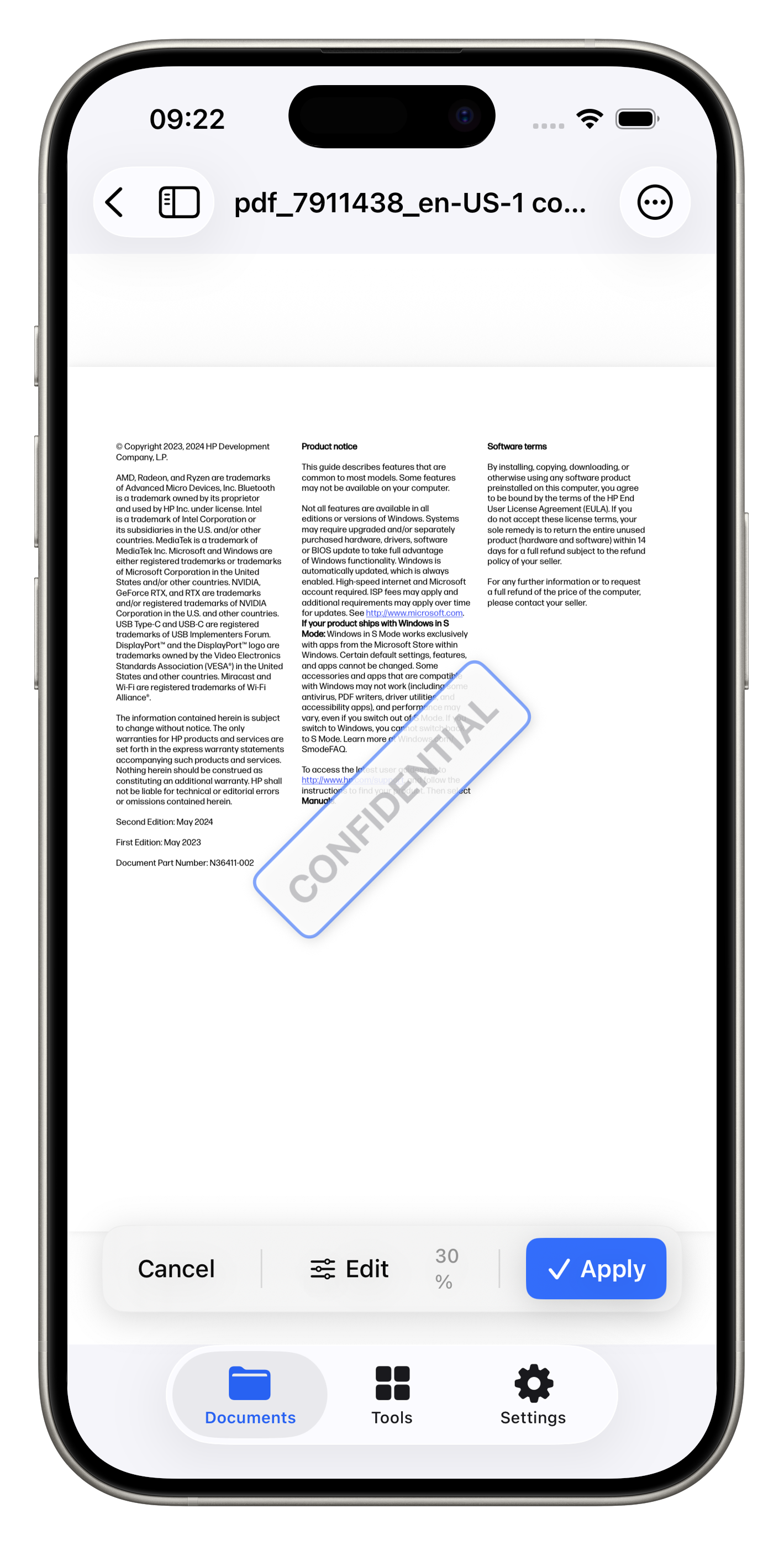 Watermark preview showing CONFIDENTIAL text overlaid on a PDF document