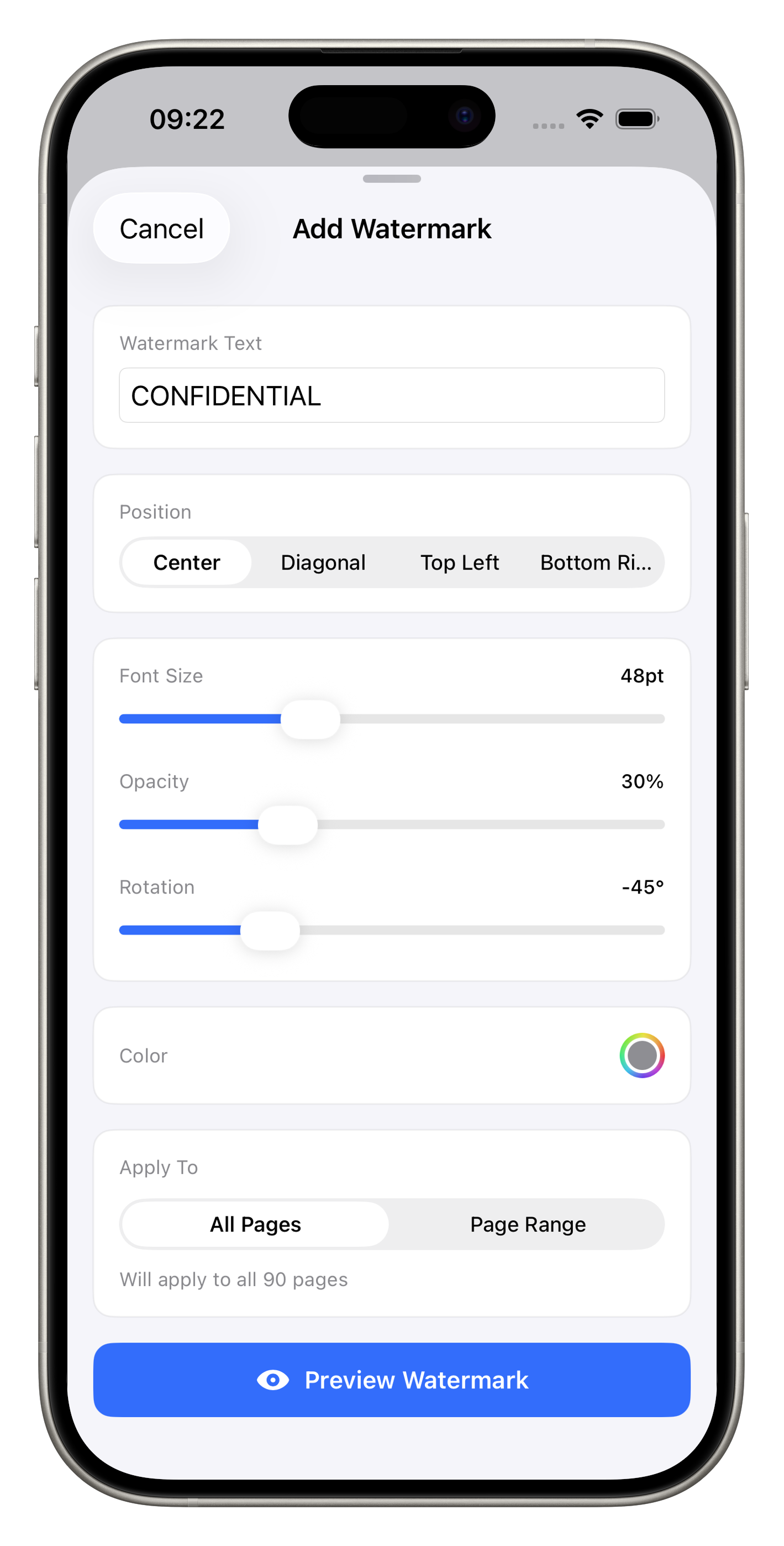 Add Watermark settings with text, position, font size, opacity, rotation, and color options