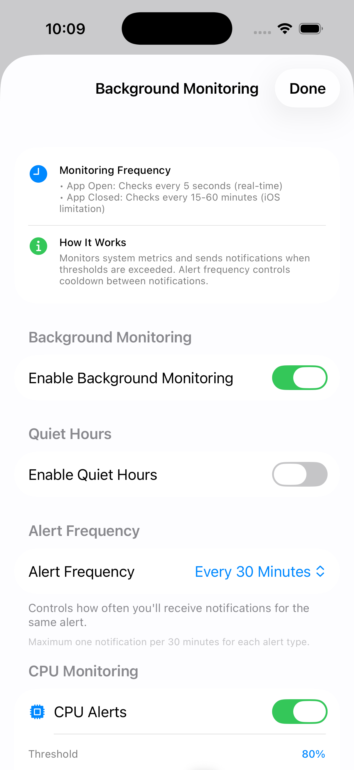 Background Monitoring settings with alert thresholds