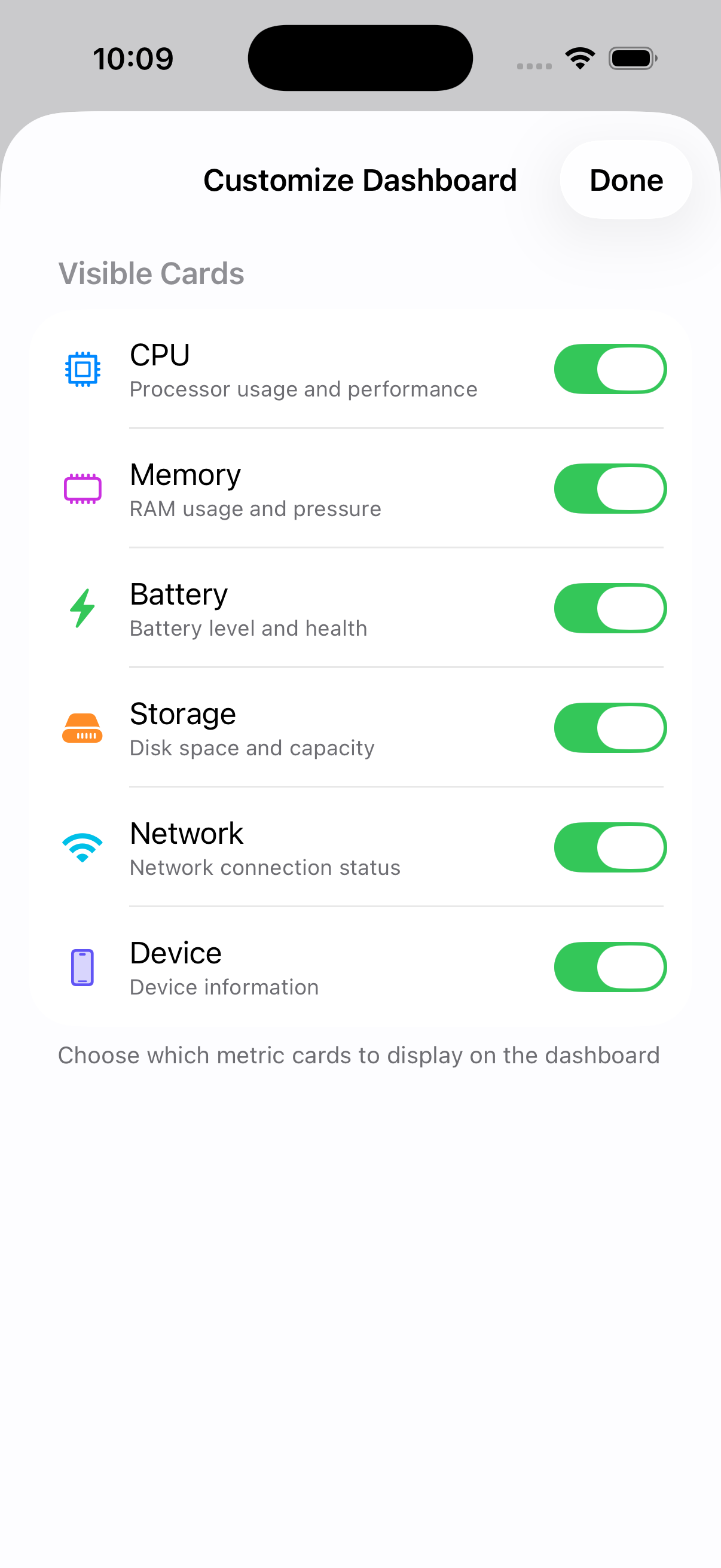 Customize Dashboard screen with toggle switches