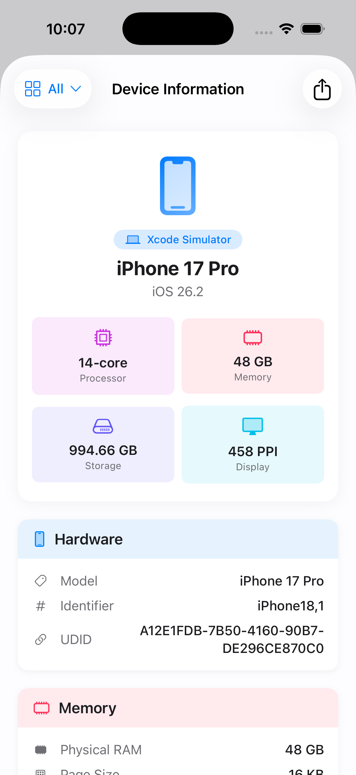 Device Information screen with hardware specs