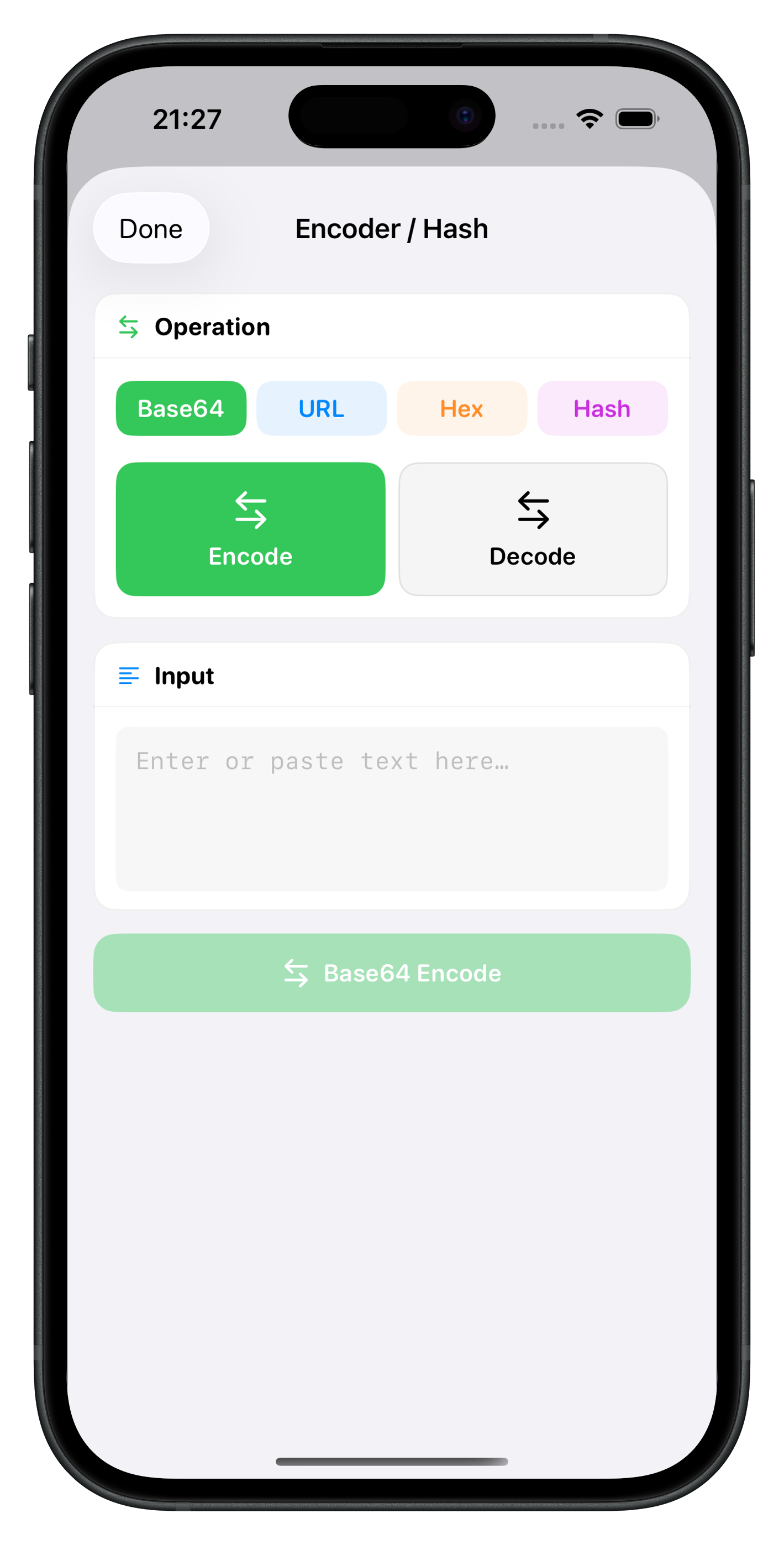Encoder and Hash tool with Base64, URL, Hex and Hash operations
