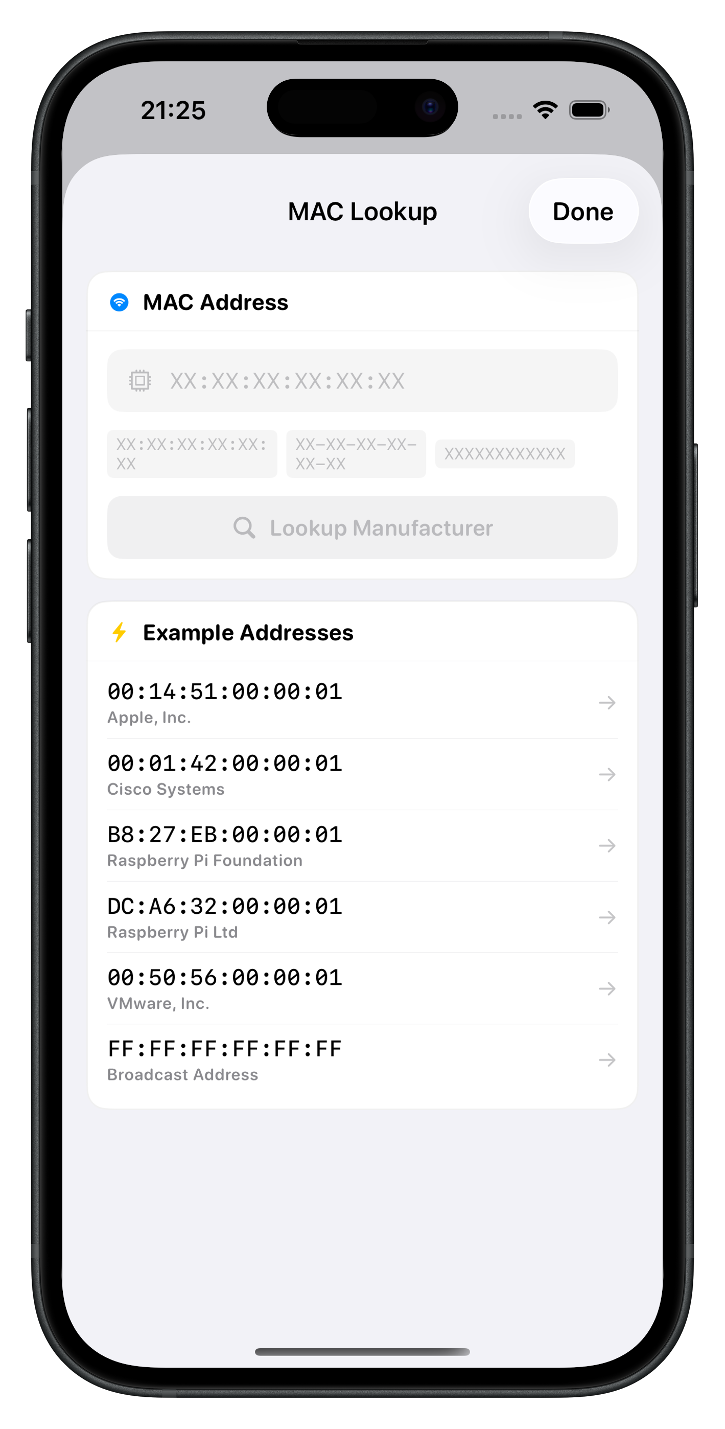 MAC Address Lookup showing manufacturer information