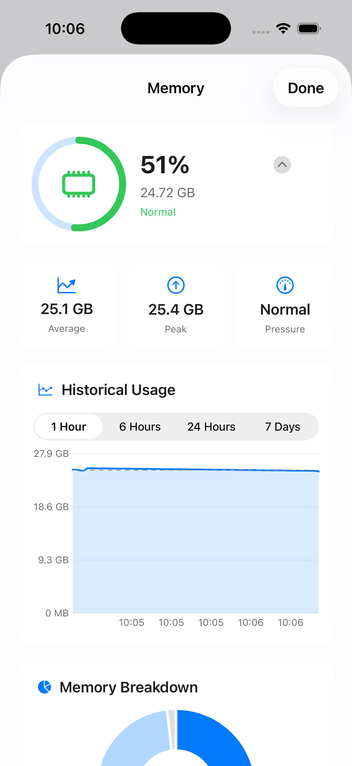 Memory detail view with usage chart and breakdown