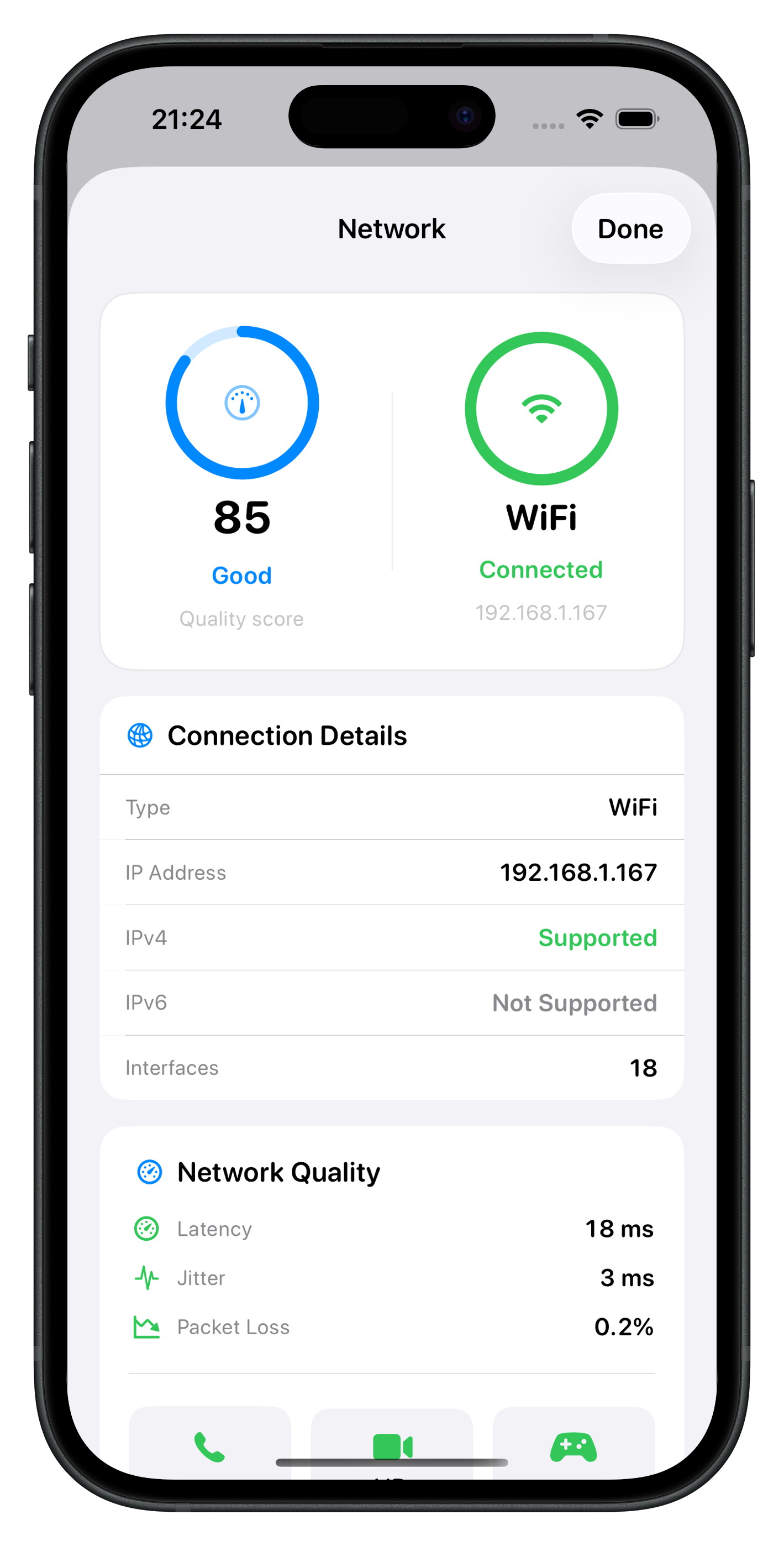Network detail view with quality score and interface list