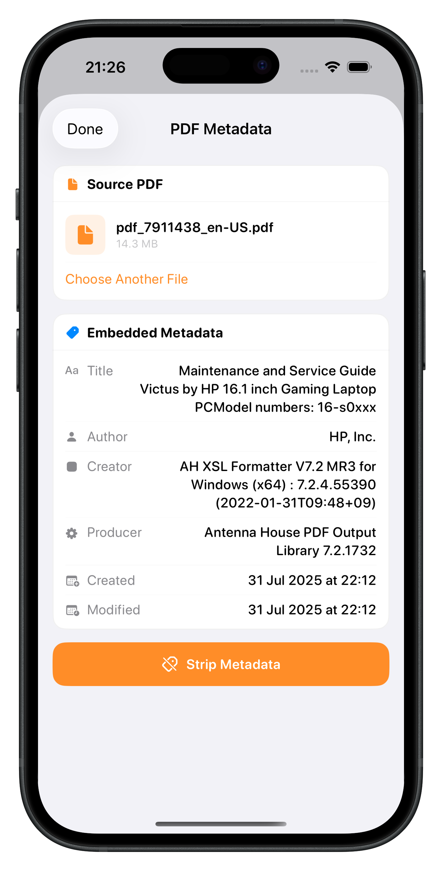 PDF Metadata editor showing embedded document fields