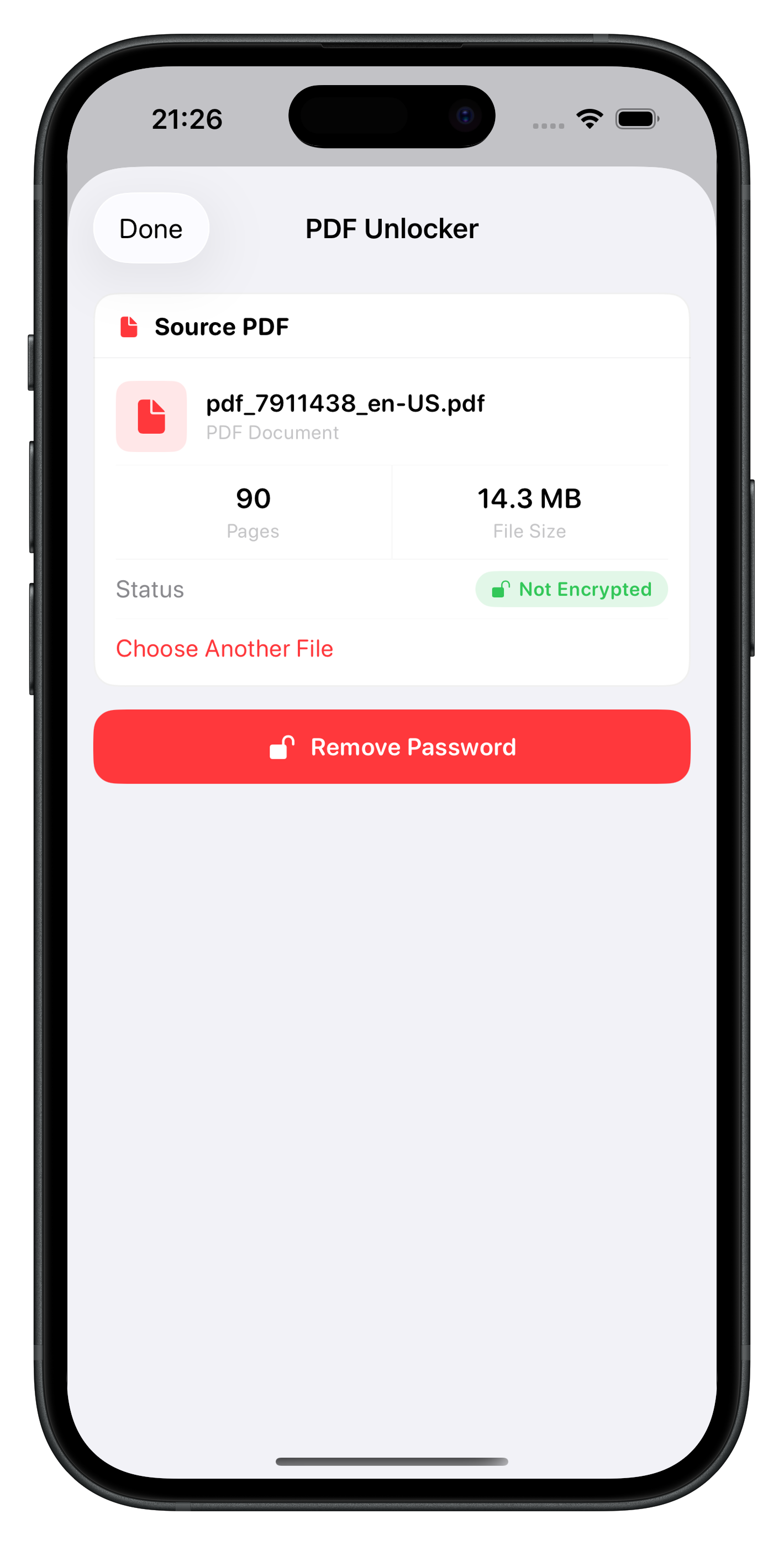 PDF Unlocker showing file details and Remove Password button