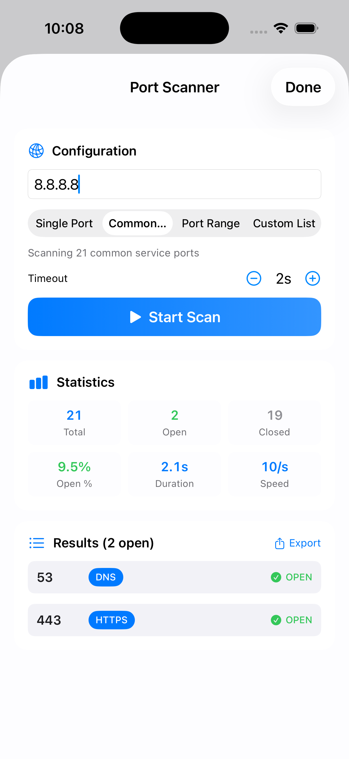 Port Scanner with scan results showing open ports
