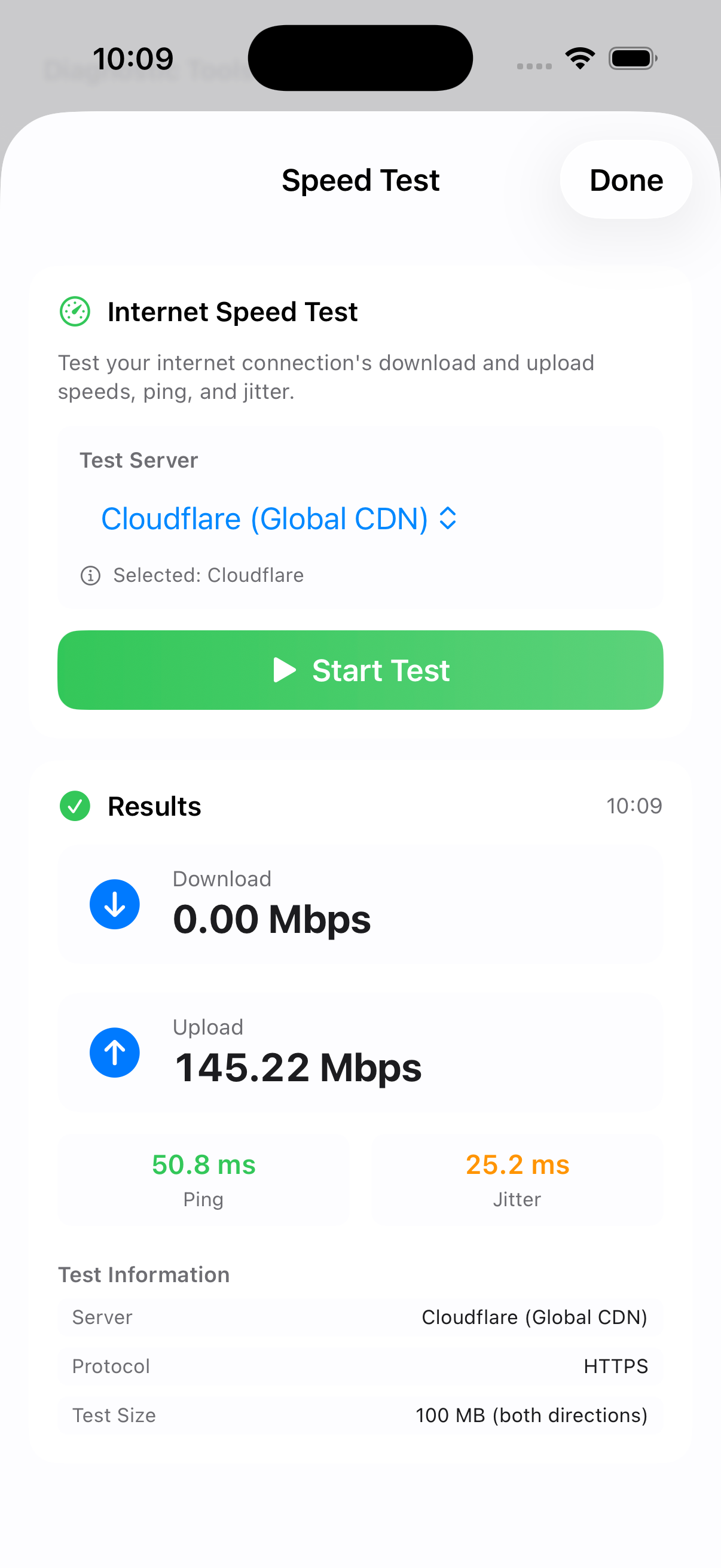 Speed Test showing download and upload results