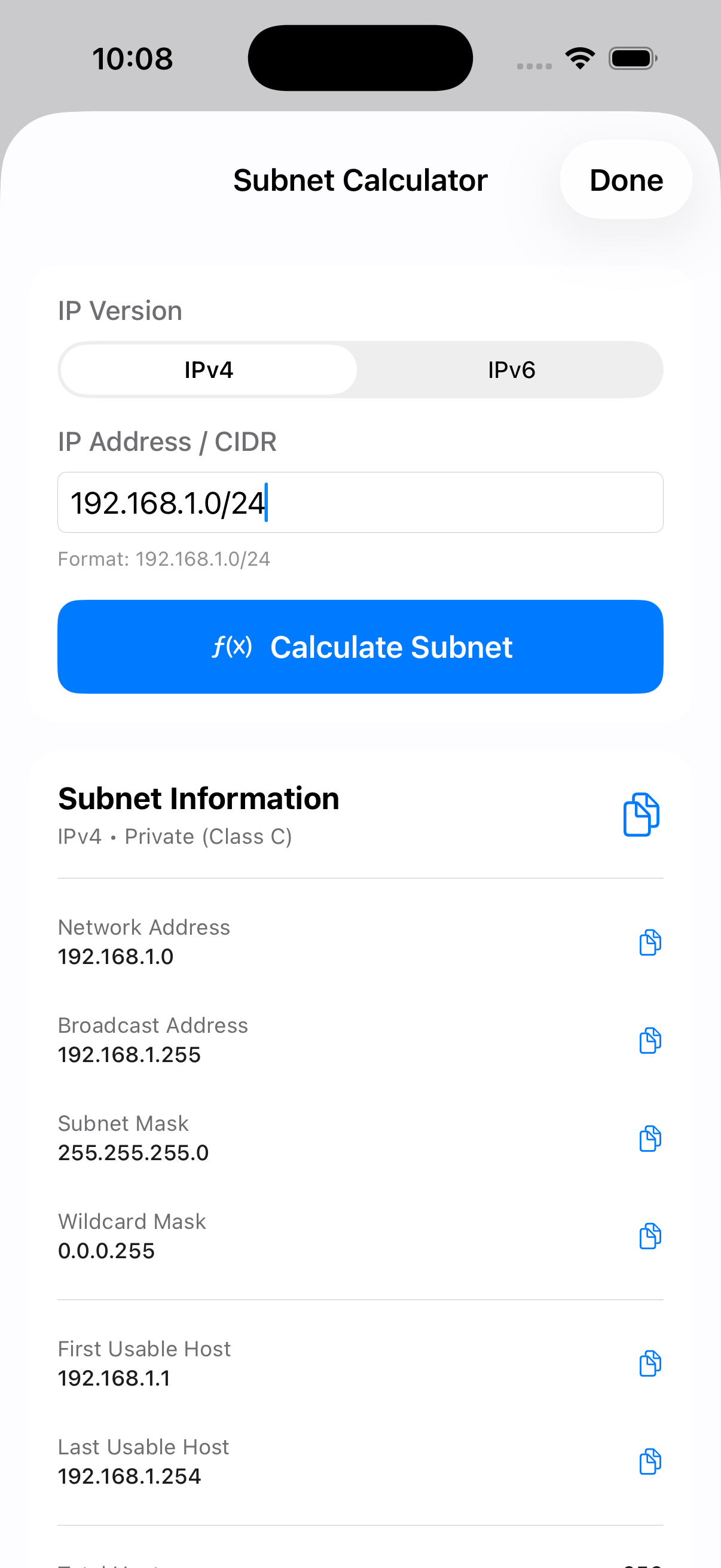 Subnet Calculator showing subnet information