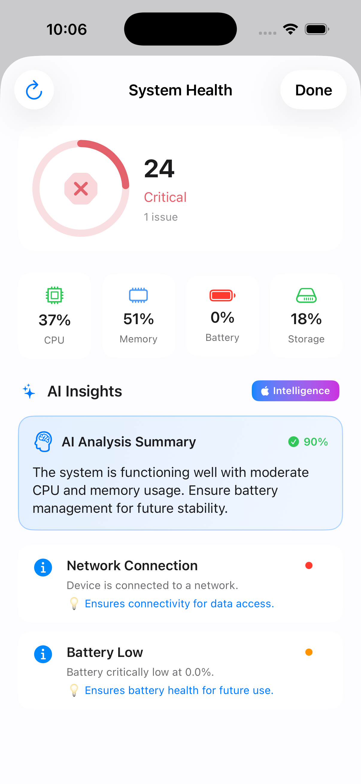 System Health screen with AI insights and health score